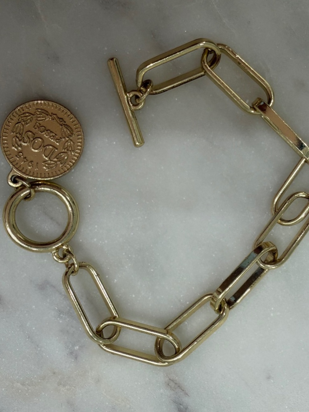 Gold Tone Paperclip Coin and Curb Link Pearl Bracelet